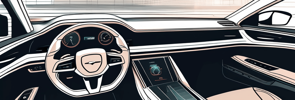 Modernes Autocockpit mit fortschrittlicher Technologie und Ingenieurwesen, vor sauberem und professionellem Hintergrund.