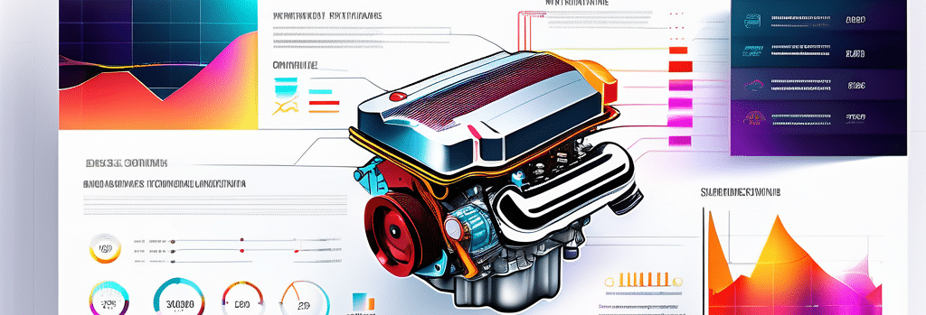 hochleistungsmotor mit farbigen digitalen graphen und schematischen overlays fuer chiptuning technologie