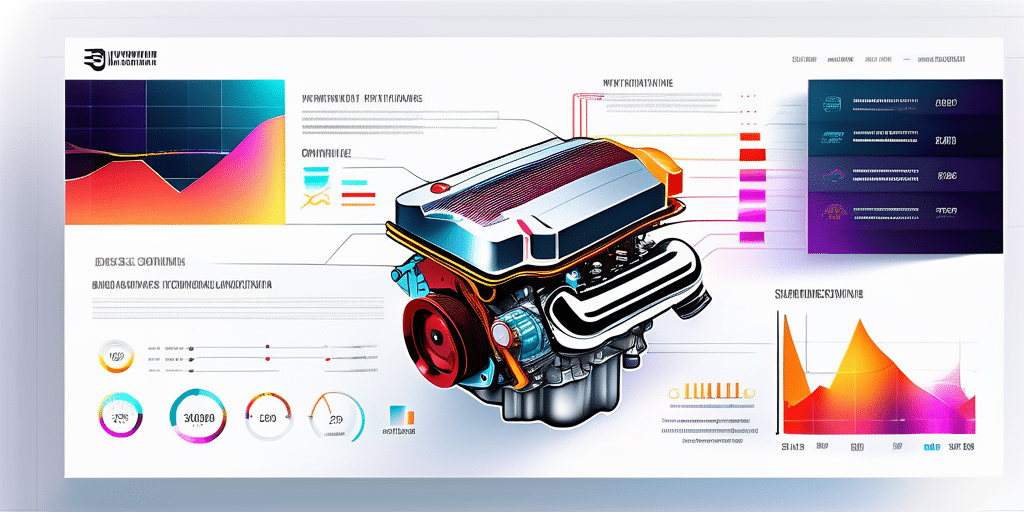 hochleistungsmotor mit farbigen digitalen graphen und schematischen overlays fuer chiptuning technologie