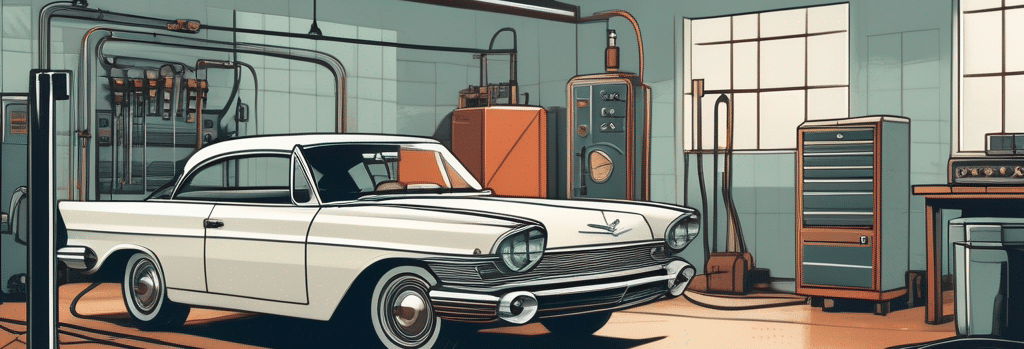 Klassischer Oldtimer im gut beleuchteten Garage mit modernen Diagnosegeraeten und Werkzeugen zur Motorabstimmung.