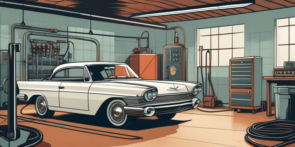 Klassischer Oldtimer im gut beleuchteten Garage mit modernen Diagnosegeraeten und Werkzeugen zur Motorabstimmung.